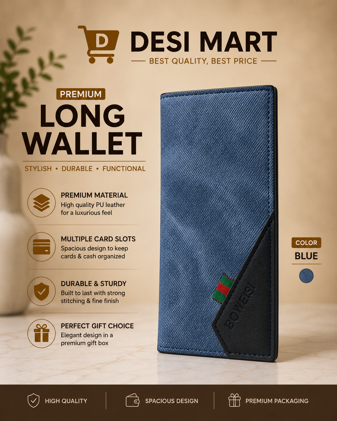 BOWEISI Premium Long Wallet for Men – Stylish Leather Card Holder & Cash Wallet