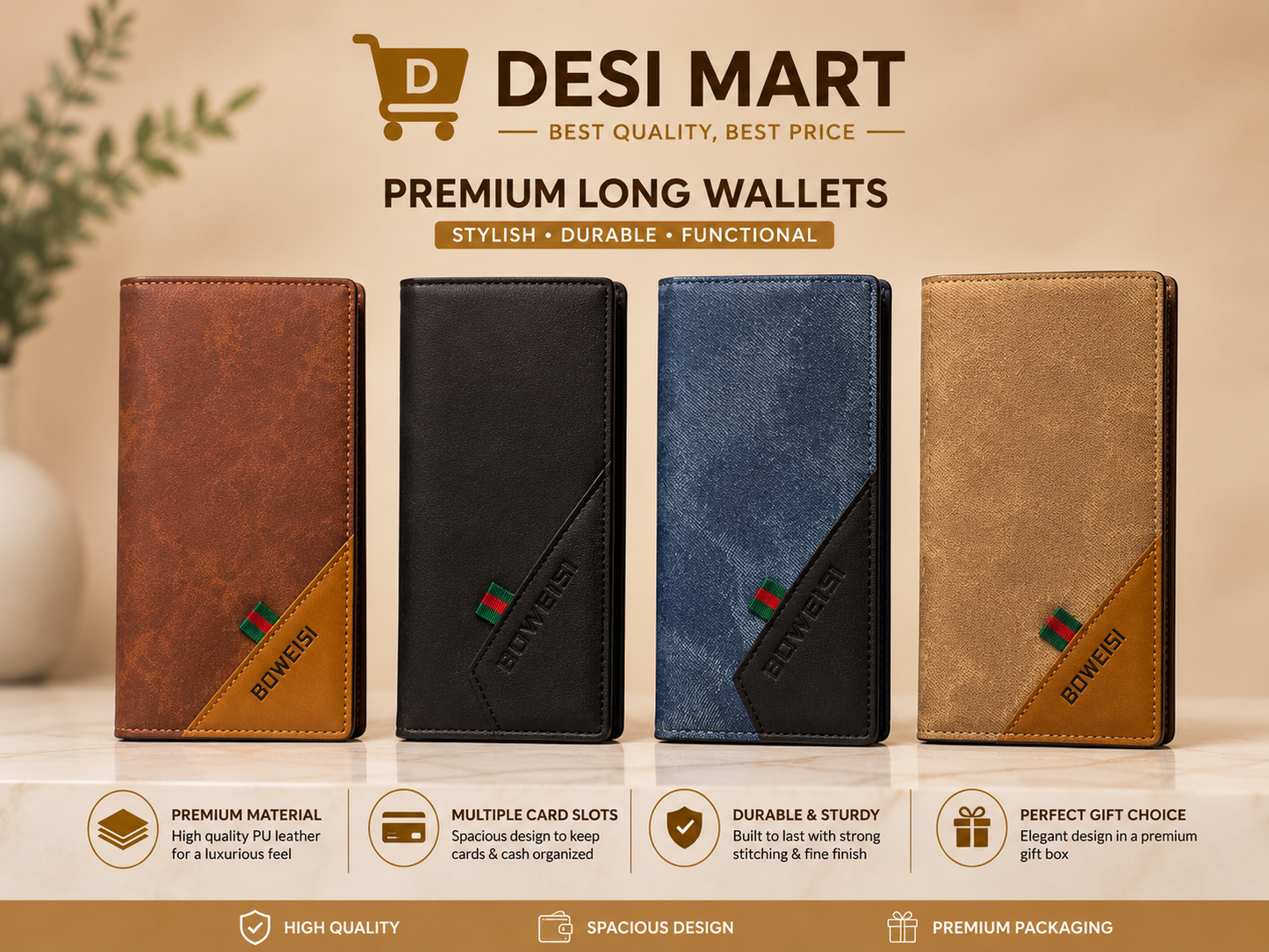 BOWEISI Premium Long Wallet for Men – Stylish Leather Card Holder & Cash Wallet