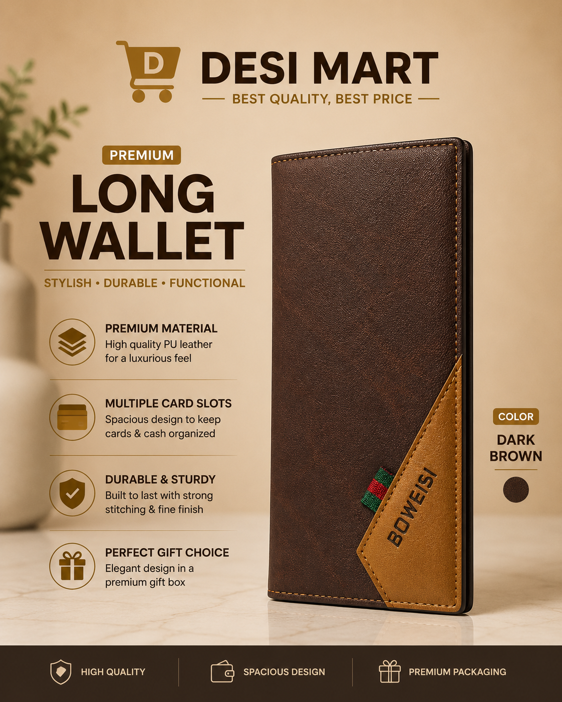BOWEISI Premium Long Wallet for Men – Stylish Leather Card Holder & Cash Wallet