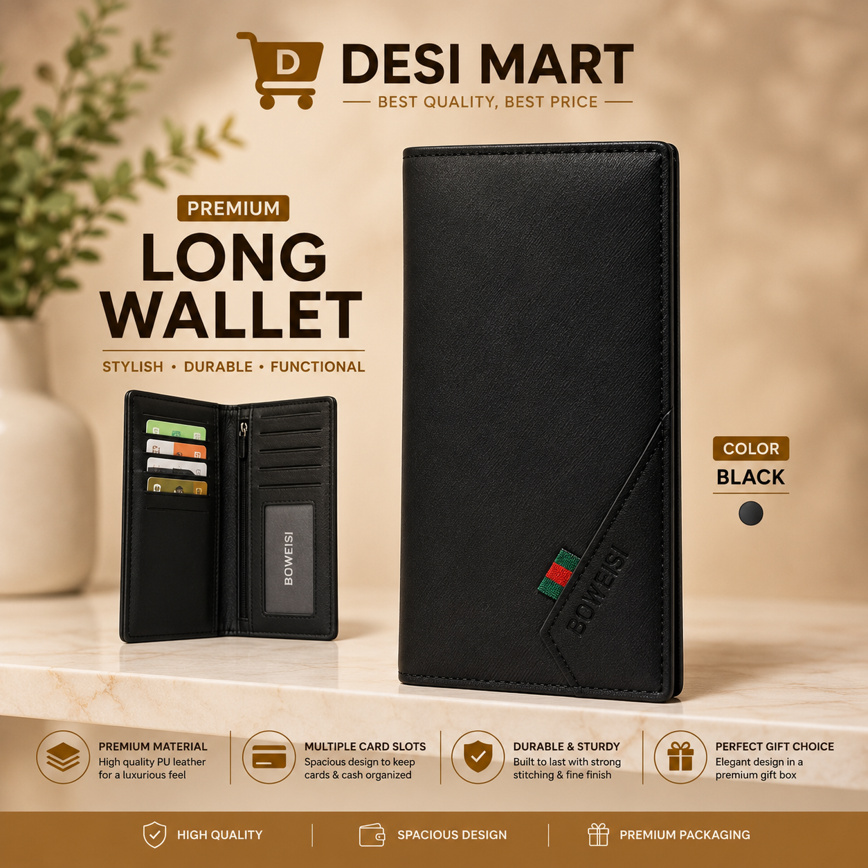 BOWEISI Premium Long Wallet for Men – Stylish Leather Card Holder & Cash Wallet